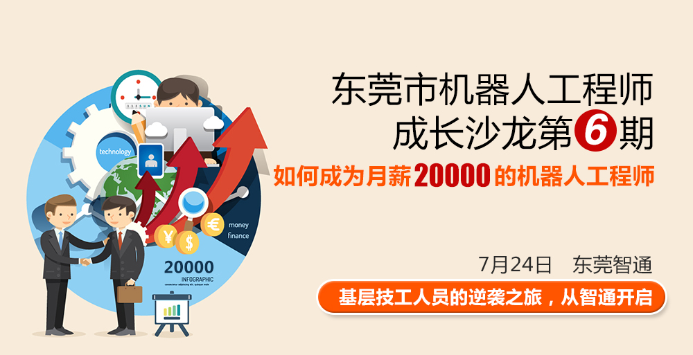東莞市工業機器人工程師成長沙龍第六期，時間7月24日，地點東莞智通培訓學院。